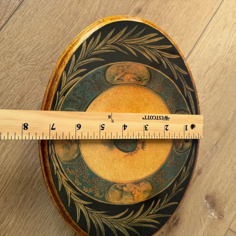 Vintage Oval Wooden Jewelry Box Black Gold Cherub Classical Motif Ornate